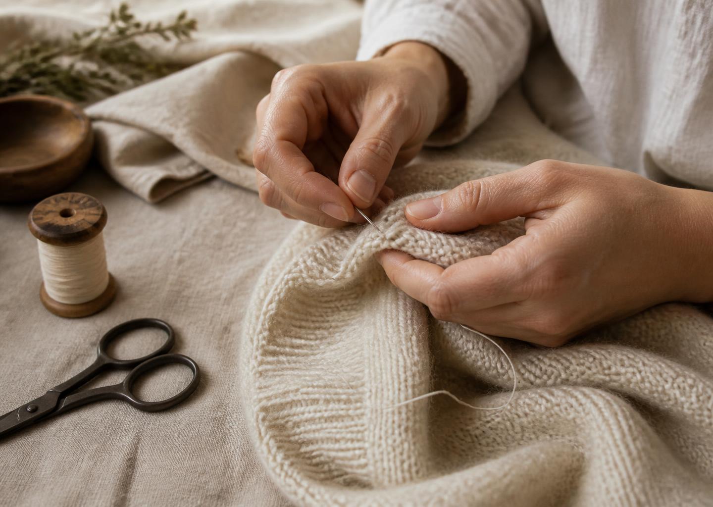 Hands mending a wool garment with needle and thread on a linen table