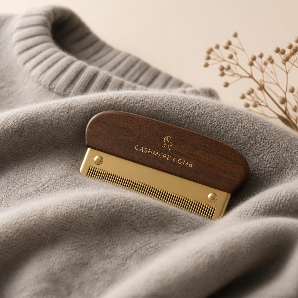 Brass and walnut cashmere comb resting on a grey cashmere sweater