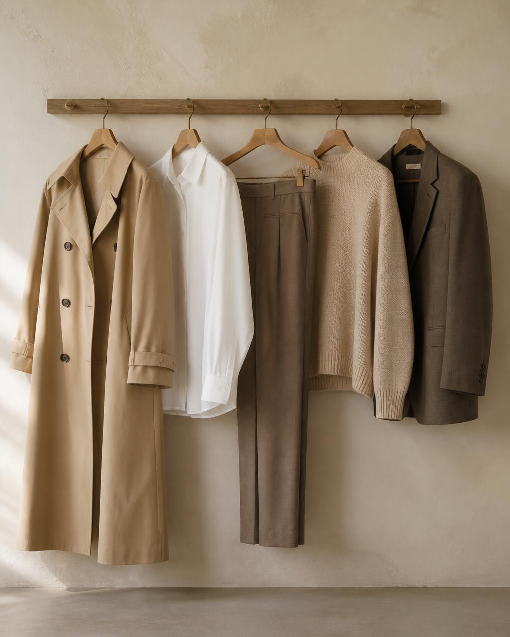 Five garments on wooden hangers against a warm ivory plaster wall