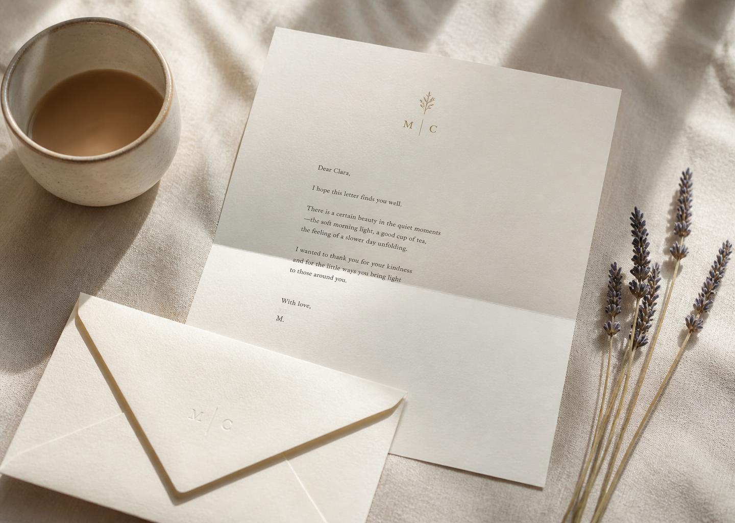 A cream letter and envelope beside a ceramic cup and dried lavender