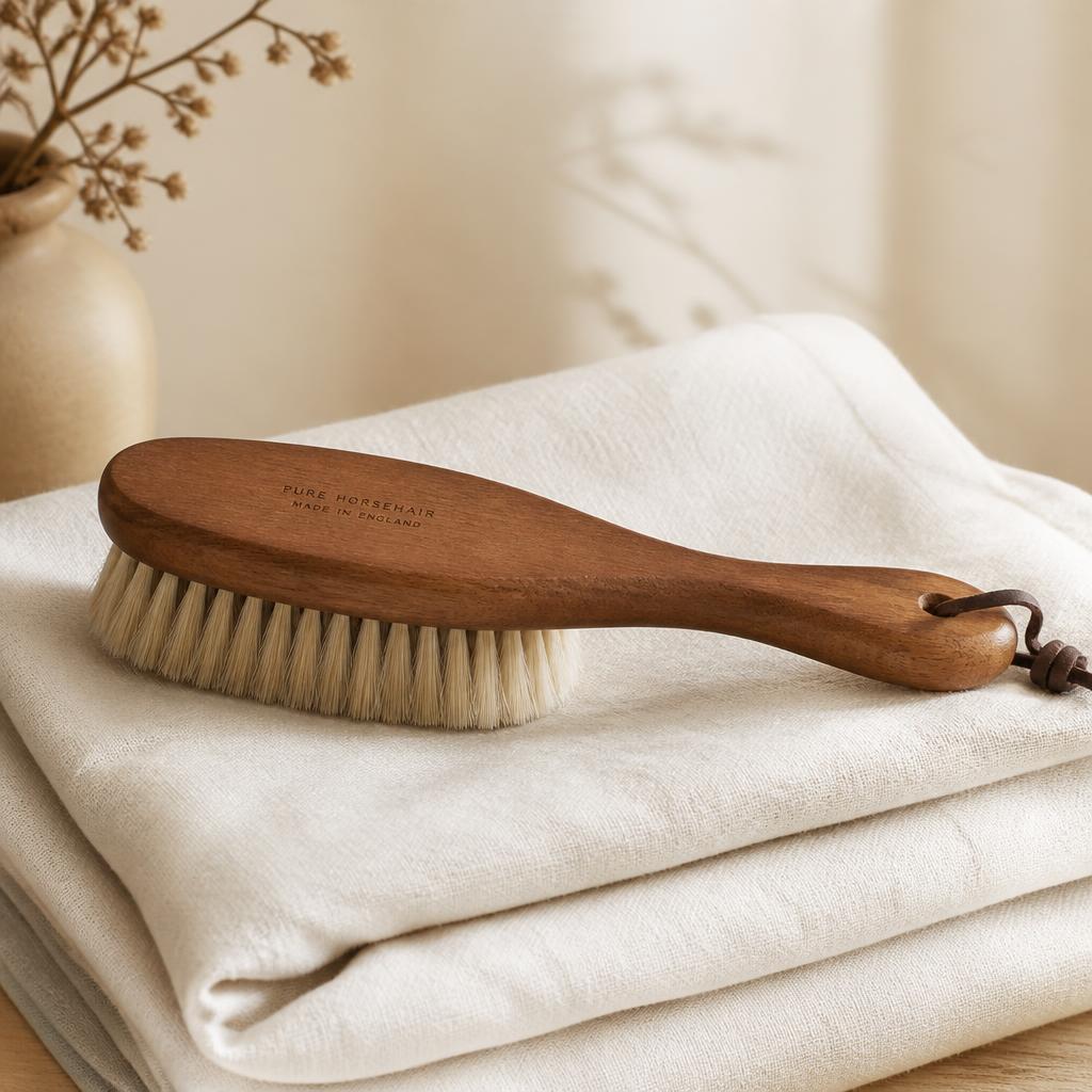 Wooden handled horsehair garment brush on folded ivory linen