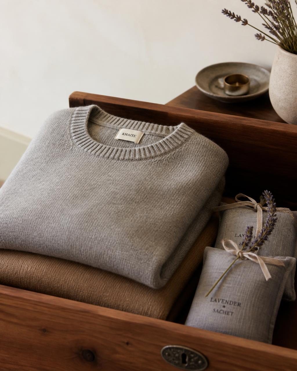 Folded grey and camel wool sweaters in a cedar drawer with lavender sachets
