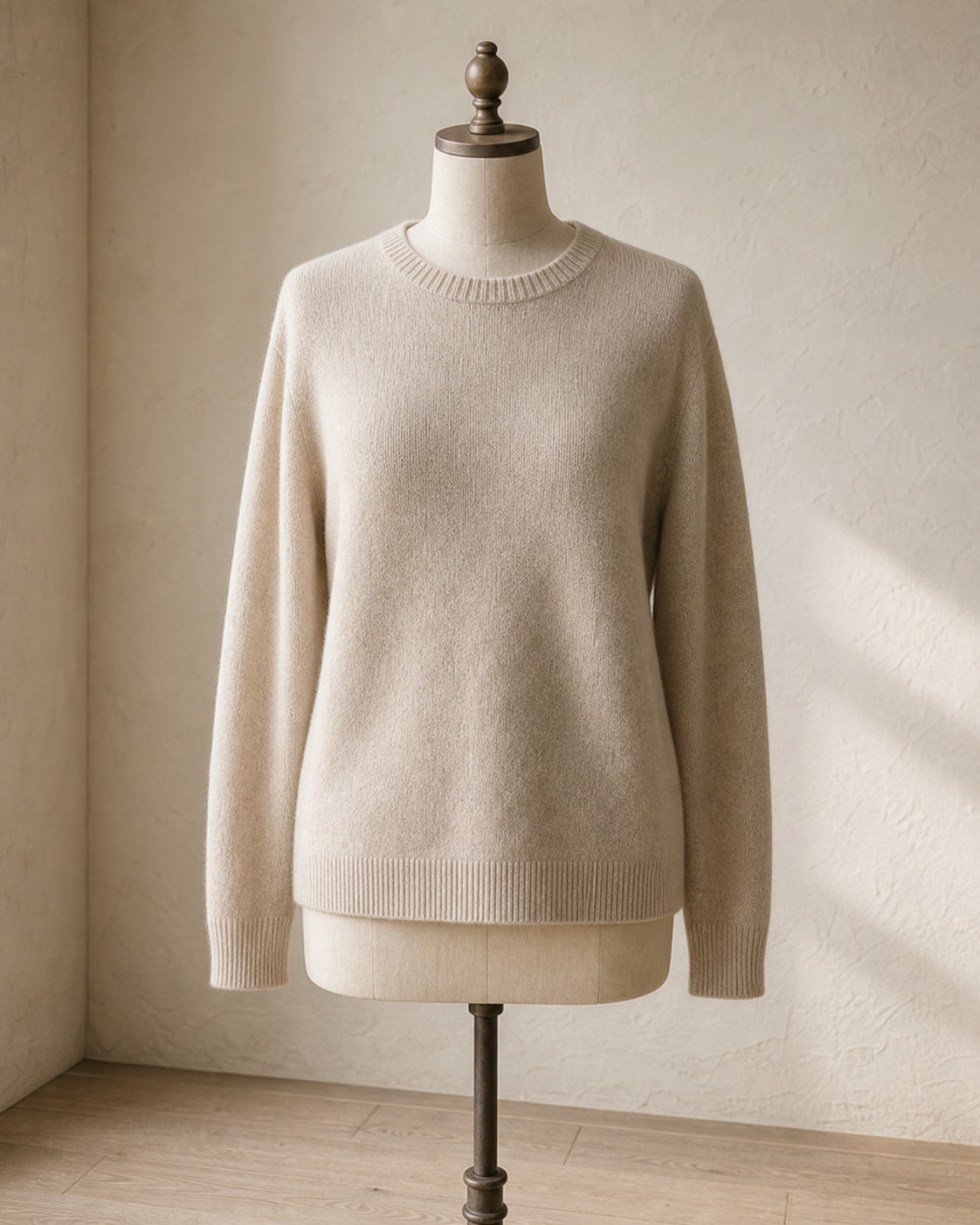 Oatmeal cashmere crewneck represented with soft folded neutral texture