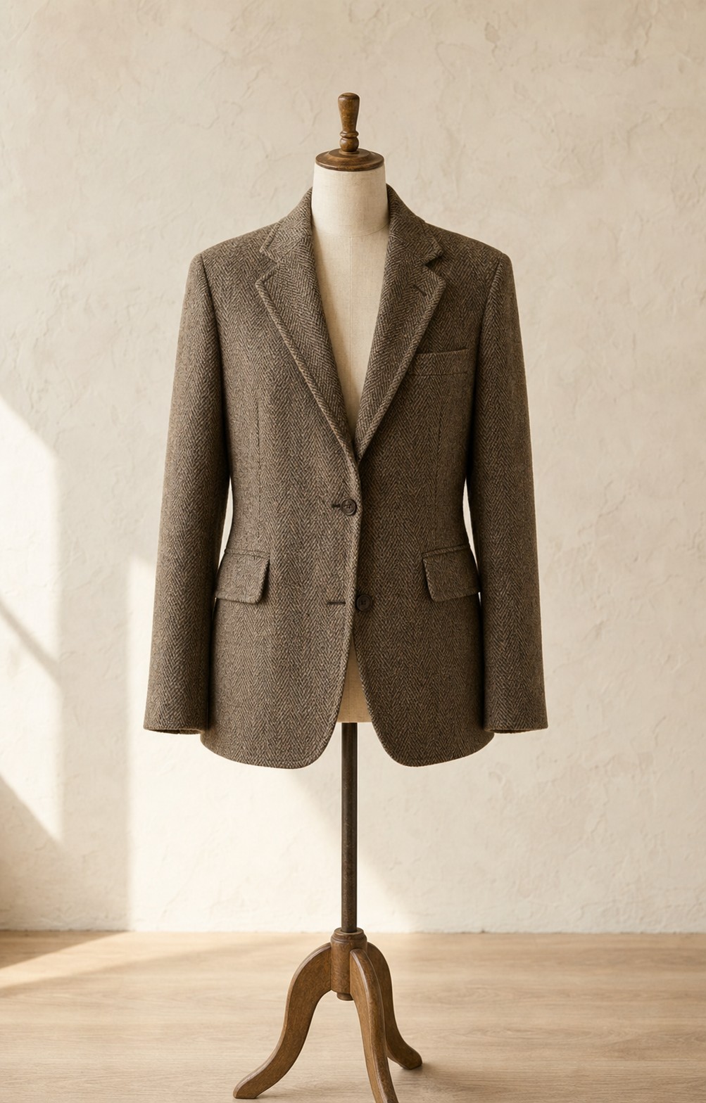 Tailored virgin wool blazer represented with warm heritage wool texture