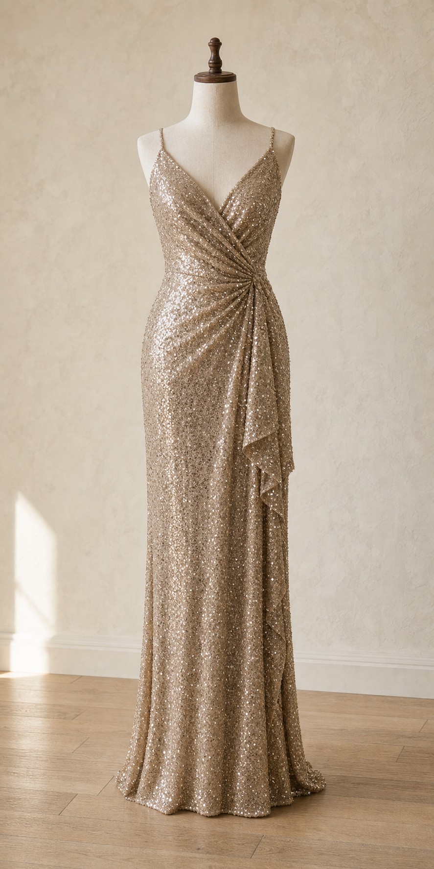 Statement sequined evening dress represented with warm shimmer and evening texture