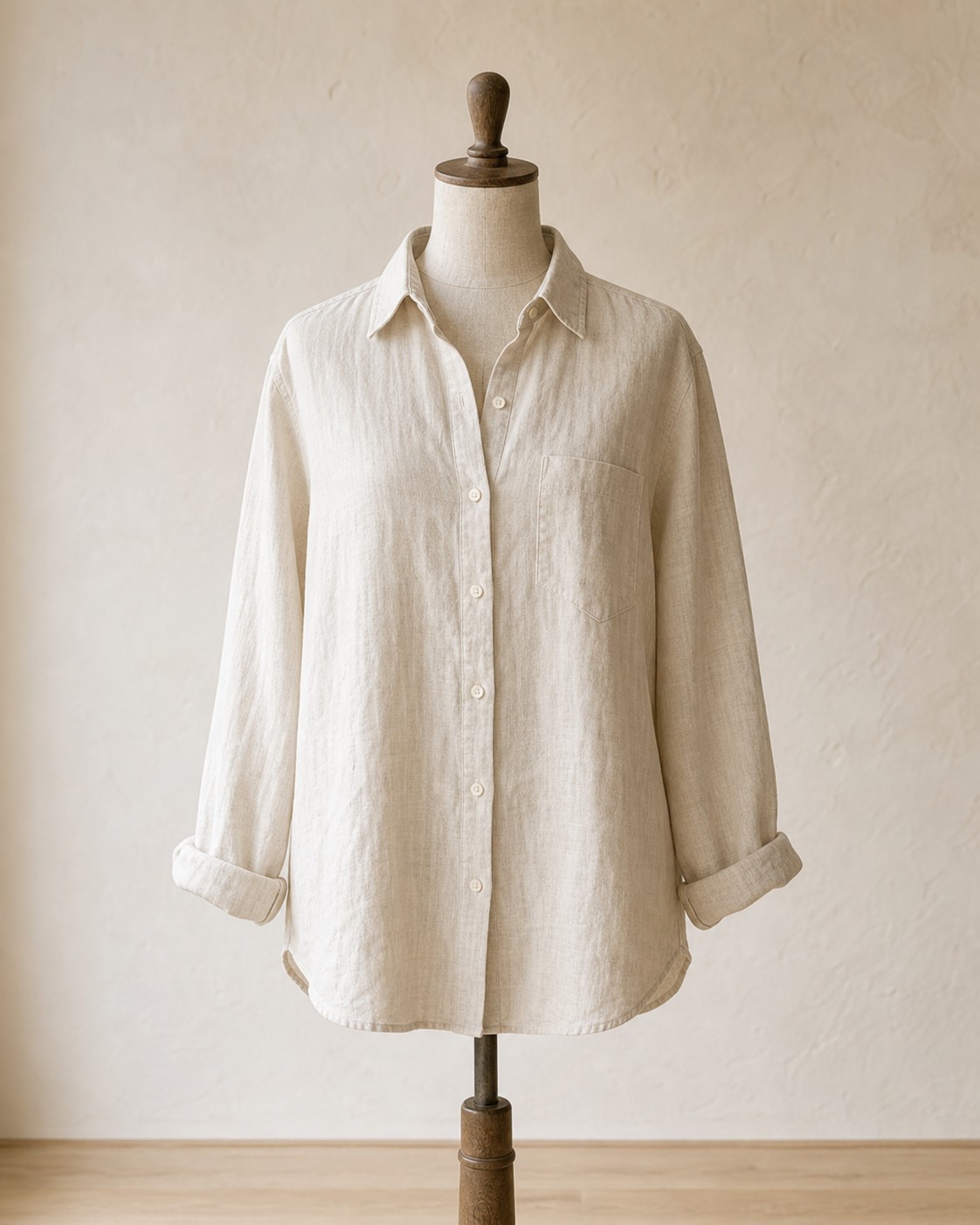 Washed linen button shirt represented with pale linen texture in natural light